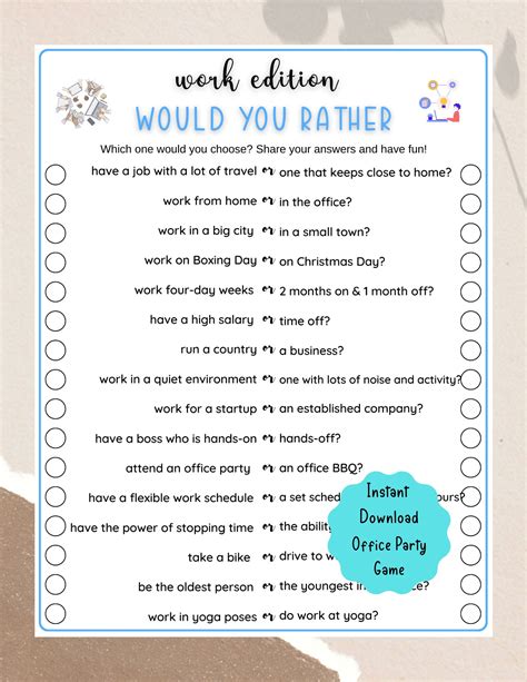 Office Party Printable Would You Rather Game Coworker Staff Game Fun ...