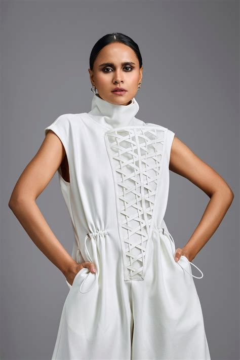 White High-Neck Jumpsuit with Woven Leather Panel – Deepika Arora