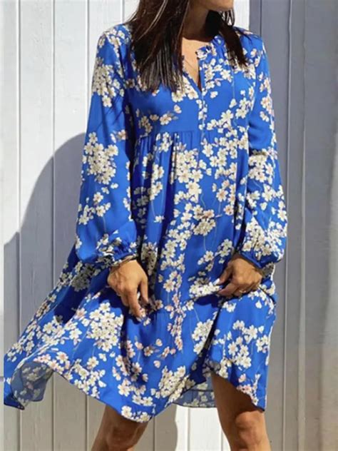 Floral print v-neck long sleeve autumn shirt dress Sale - Banggood.com ...