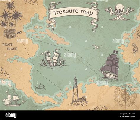 Treasure Map Pirate Ship Pirate Treasures Map With Old Ship Compass