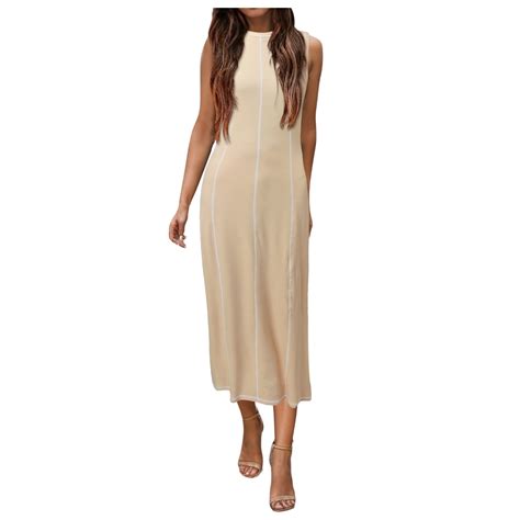 Womens Sleeveless T Shirt Dress Summer Contrast Ribbed Knit Tank Maxi ...