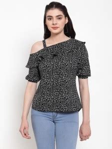 CLASSYNEST Party Puff Sleeve Polka Print Women Black Top - Buy ...