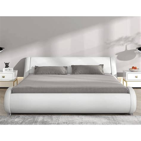 King Modern White Faux Leather Upholstered Platform Bed Fram