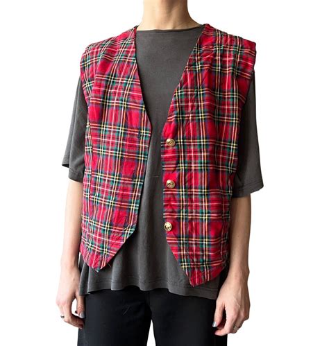 Vintage Red Plaid Vest With Gold Buttons - Small - Etsy