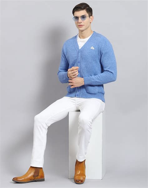 Buy Men Blue Solid V Neck Full Sleeve Sweater Online in India - Monte Carlo