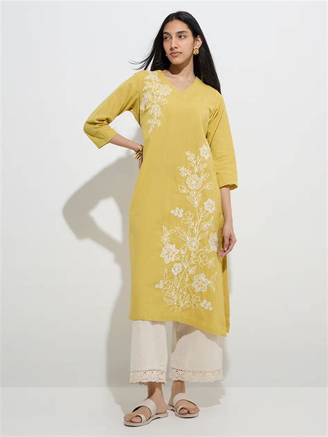 Buy Utsa Lime Floral Embroidered A-Line Cotton-Blend Kurta from Westside