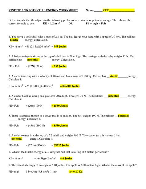 KINETIC AND POTENTIAL ENERGY WORKSHEET | Exercises Physics | Docsity ...