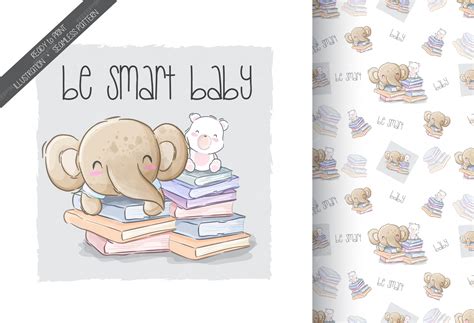Cartoon cute elephant with cat be smart seamless pattern | Premium Vector