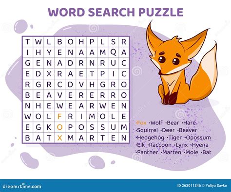 Word Search Puzzle for Kids with Wild Animals. Stock Vector ...