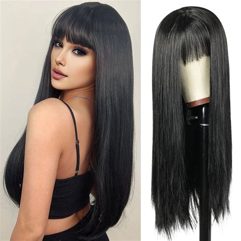 Creamily 24" Long Black Wig Straight Human Hair Wigs for Black Women ...