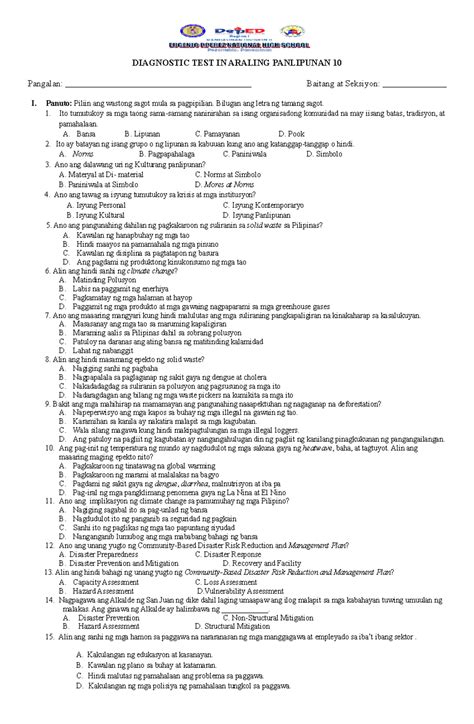 AP 10 Diagnostic TEST - AP10 - DIAGNOSTIC TEST IN ARALING PANLIPUNAN 10 ...