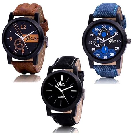 Acnos Premium Brown Blue and Black Leather Analog Watches for Men Pack ...