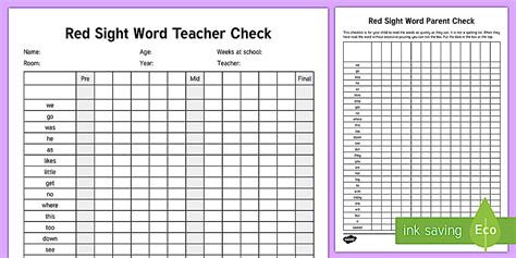 Red Reading Sight Words Checklist