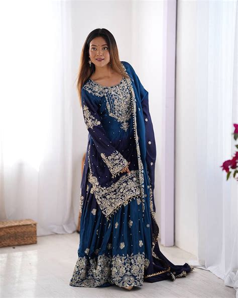 Manvisha Blue Embroidered Sharara Suit Set – Trinari