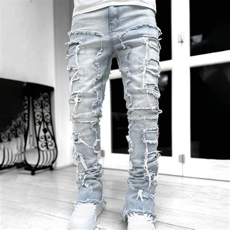 Yaoyar Stacked Jeans Men Skinny Ripped Jeans Slim Fit Denim Pants Y4K ...