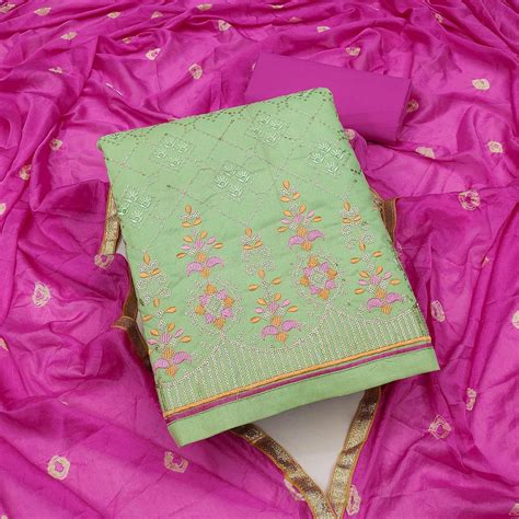 Green Sequence Embroidered Cotton Dress Material