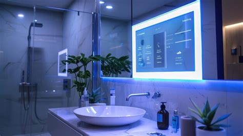 Smart mirror displaying information in modern bathroom interior ...