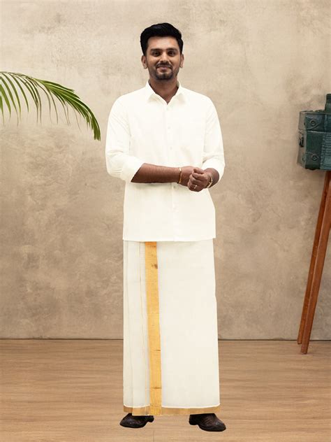 Ramraj Men Kora Cotton Double Layer Cream Dhoti with 2"inch Gold Jari ...
