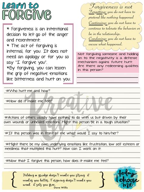 Learn to Forgive, Worksheets for Therapy, Self Help, Self Care. - Etsy | Forgiveness lesson ...