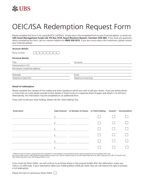 2016-2026 UK UBS OEIC/ISA Redemption Request Form - Blank Fillable ...