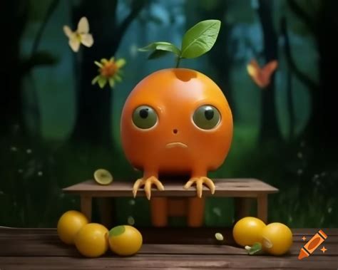 A retro cartoon orange tree with a face, whistling musical notes in a ...