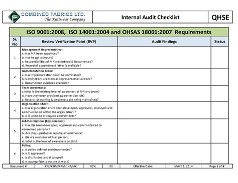 Internal Audit Checklist: Iso 9001, 14001 And Osha Requirements ...
