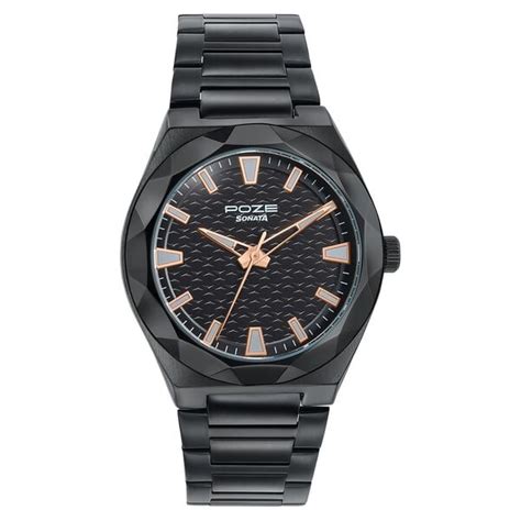 Buy Online Poze Poze Quartz Analog Black Dial Black Metal Strap Watch ...