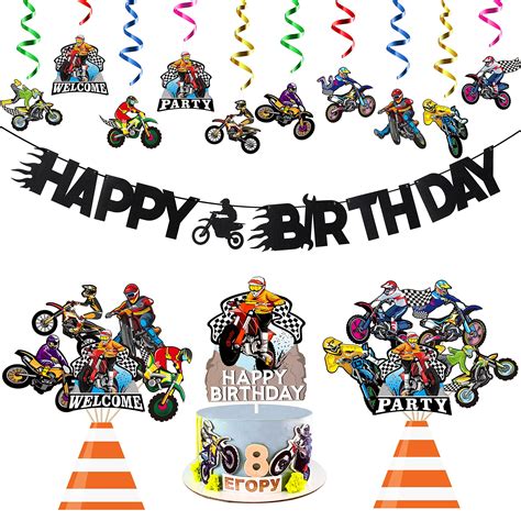 ANGOLIO 42Pcs Dirt Bike Party Decoration Kit Motocross Party Hanging Swirls Dirt Bike Extreme ...