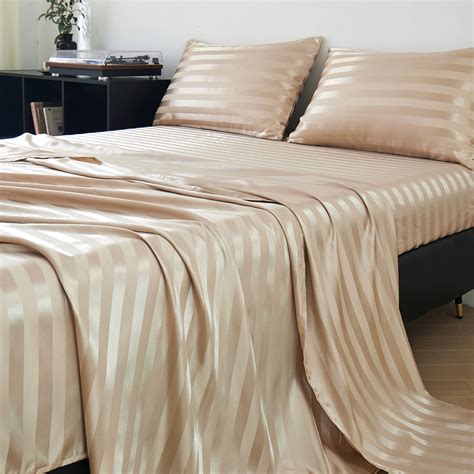ANMINY Satin Sheets Queen Silk Sheets Khiki Stripe Bed Sheet Set Deep ...