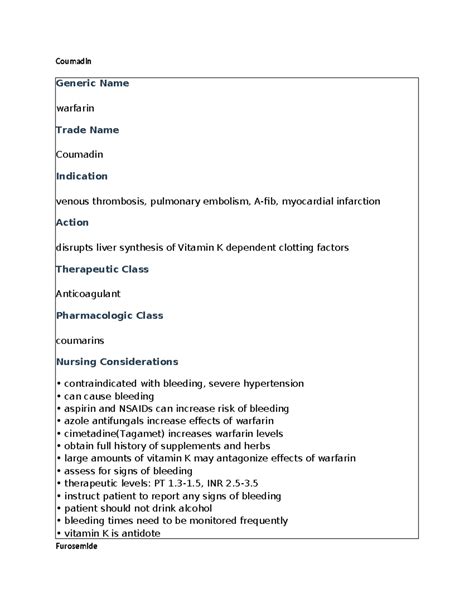 Medication cards 7 - seven meds to remember - Coumadin Generic Name warfarin Trade Name Coumadin ...