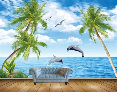 Avikalp MWZ2193 Sea Coconut Tree Birds Clouds Dolphins Water Ocean HD ...