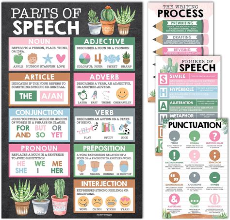 Buy 4 Cactus Grammar Posters For Language Arts - ELA Posters Classroom ...