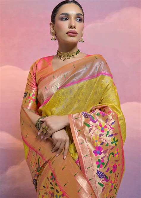 Yellow Paithani Silk Handloom Saree Online USA Triple Muniya Border ...