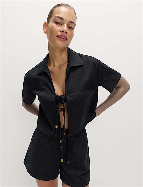 Buy Beaded Collared Tie Front Beach Shirt at Marks & Spencer