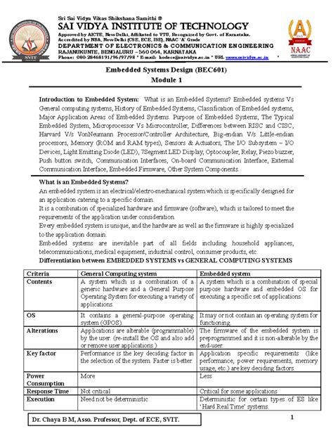 ES Module 1 Notes (BEC601): Introduction to Embedded Systems - Studocu