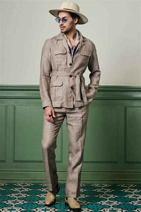 Buy Herringbone Textured Linen Safari Suit Online with Home Delivery ...