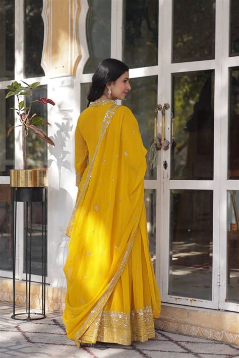 Yellow Faux Blooming Georgette Gown with Dupatta