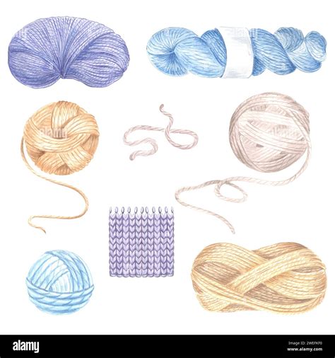 Knitted fabric sample purple, skeins of yarns and tangles of threads. Watercolor set ...