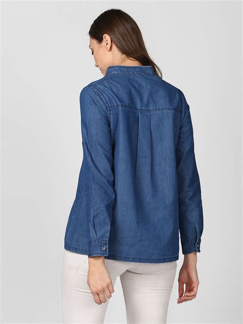 Women's Blue Denim Top cum shirt with striped pocket detail – Stylestone