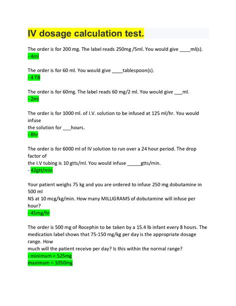 IV dosage calculation test Complete questions & answers 2022