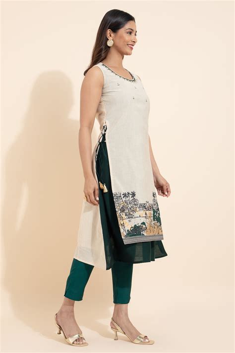 Kathakali Printed Layered Kurta with Side Tie-up - Off-white & Green ...