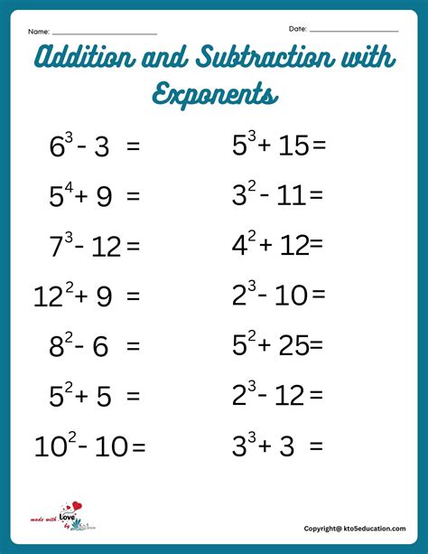 Exponents Worksheet with Mixed Addition and Subtraction | FREE Download