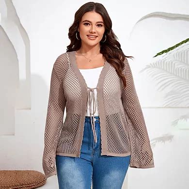 Women's Plus Size Tie Front Crochet Cardigan Hollow Out V Neck Sweater ...