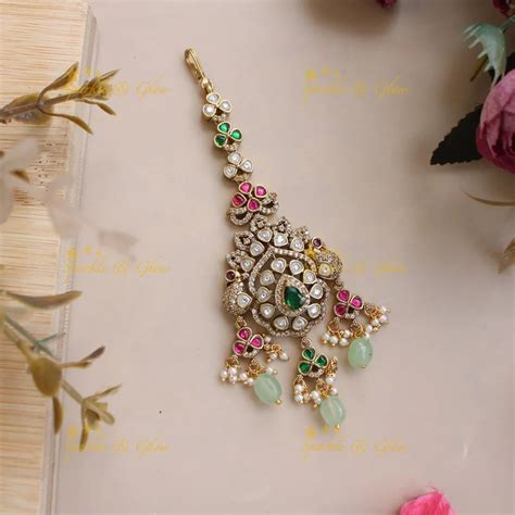 Victorian Peacock AD Maang Tikka with Green Beads – Sparkle and Glow