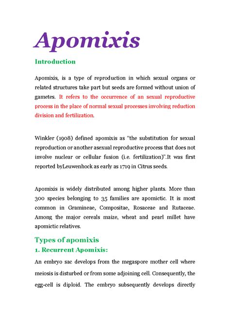 Apomixis - Apomixis Introduction Apomixis, is a type of reproduction in ...