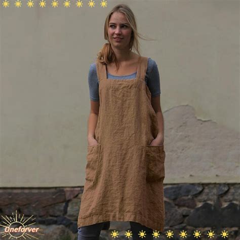 Cotton Linen Apron Cross Back For Women With Pockets Pinafore Dress ...
