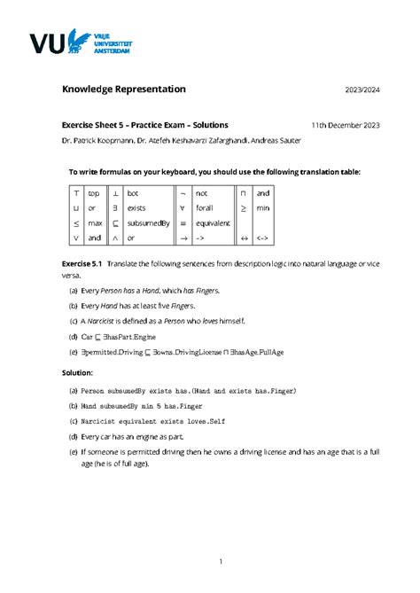 KR Practice Exam Solutions - Knowledge Representation 2023/ Exercise ...