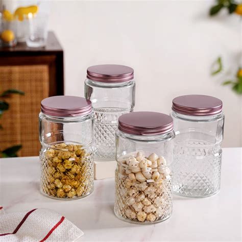 Diamond Embossed Storage Glass Jars With Lids Set Of 4 1000ml Online ...