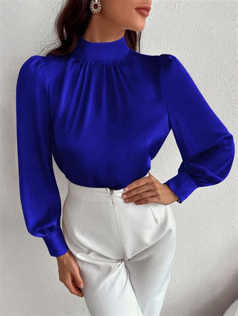 Aveloria Mock Neck Lantern Sleeve Satin Blouse | SHEIN USA