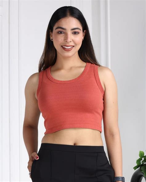 Rust rib crop vest for women